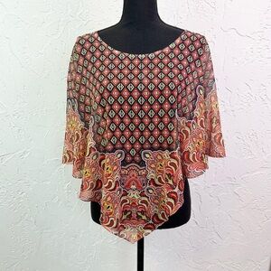Red and Yellow Printed Boho Mesh Sheer Poncho Size Medium